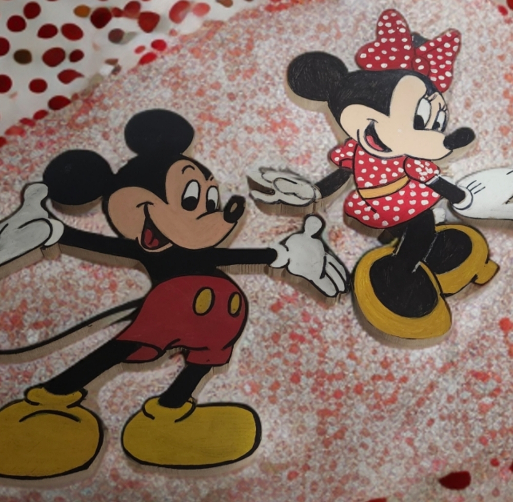 Handmade Homemade Disney Mickey 12" & Minnie 13" Wooden Cutout & Handpainted